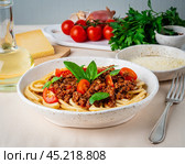 pasta bolognese with tomato sauce, ground minced beef, basil leaves on background. Стоковое фото, фотограф Natalia Gdovskaia / Фотобанк Лори