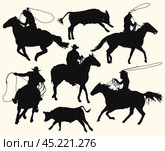 Contours of a cowboys at the rodeo with a bull. Men with lasso riding a horse, isolated vector silhouettes set. Стоковая иллюстрация, иллюстратор Долотова Елена Викторовна / Фотобанк Лори