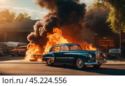 Burning car. Fire of a passenger car in a city parking lot. Fire in the engine compartment, short circuit in the wiring. Open fire and black smoke. Road incident. Gangster mafia wars, AI. Стоковое AI-изображение, AI-художник Sergey Grishin / Фотобанк Лори