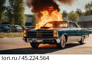 Burning car. Fire of a passenger car in a city parking lot. Fire in the engine compartment, short circuit in the wiring. Open fire and black smoke. Road incident. Gangster mafia wars, AI. Стоковое AI-изображение, AI-художник Sergey Grishin / Фотобанк Лори