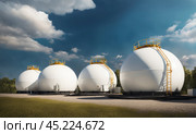 White spherical tanks for storing hydrogen gas at outdoor storage facility. Natural gas tank - LNG or liquefied natural Industrial Spherical gas storage equipment. Gas tank farm in petroleum refinery, AI. Стоковое AI-изображение, AI-художник Sergey Grishin / Фотобанк Лори