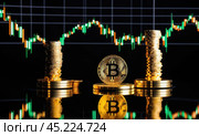 Bitcoin to the moon, bullish BTC, investment in BTC cryptocurrency increases high value, abstract, gold medal floating, candlestick graphs and bright green arrows on the back, AI. Стоковое AI-изображение, AI-художник Sergey Grishin / Фотобанк Лори