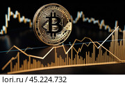 Bitcoin to the moon, bullish BTC, investment in BTC cryptocurrency increases high value, abstract, gold medal floating, candlestick graphs and bright green arrows on the back, AI. Стоковое AI-изображение, AI-художник Sergey Grishin / Фотобанк Лори