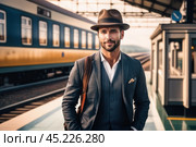 A stylish man stands confidently at a train station, ready to embark on his travel adventure in the afternoon light. Стоковое фото, фотограф Sergey Grishin / Фотобанк Лори