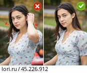 Pursed lips are an obvious mistake for portrait photography. Common mistakes in female posing and how to avoid them. Стоковое фото, фотограф Андрей Аркуша / Фотобанк Лори