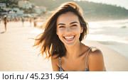 Young lady stands by shore on bright summer day, gaze fixed on serene waves, feeling of freedom and joy, perfect vacation moment. Стоковое AI-изображение, AI-художник Павел Муравьев / Фотобанк Лори