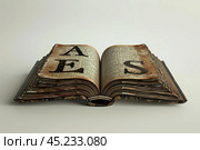 Old book open and displaying aes cipher text inside. Стоковое AI-изображение, AI-художник Иван Рябоконь / Фотобанк Лори