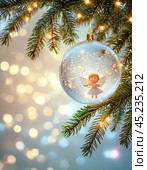 Little angel on the tree, Christmas tree toy, ball. Christmas card. Стоковое AI-изображение, AI-художник Сергей Елизарьев / Фотобанк Лори