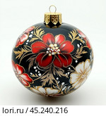 Black Christmas ball with red floral pattern highlighted on white background, hand painted. Стоковое AI-изображение, AI-художник Елена Зубкова / Фотобанк Лори