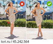 Collage two photos. Common mistakes in female posing and how to avoid them. Стоковое фото, фотограф Андрей Аркуша / Фотобанк Лори