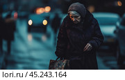 Elderly, woman, walking, down, dark, street, evening, she, wearing, warm, winter, clothes, including, coat, headscarf, looks, tired, thoughtful, gives, scene, atmosphere, loneliness, sadness, blurred, background, car, lights, emphasizes, vulnerability, increases, feeling, social, isolation, old, age, poverty, tiredness, scarf, night, time, day, problems, hardships, cityscape, portrait, blur, human, condition, city, life, cold, society, care, need, support. Стоковое AI-изображение, AI-художник Анна Кривицкая / Фотобанк Лори