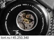 Transparent glass case back of an automatic mechanic watch Luch (2024 год). Редакционное фото, фотограф EugeneSergeev / Фотобанк Лори