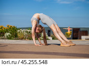 A young woman in a tracksuit performs physical exercises in a summer park. Стоковое фото, фотограф Андрей Аркуша / Фотобанк Лори