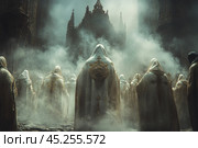 A group of people in white ritual robes with hoods decorated with golden symbols. They stand in thick fog in front of a majestic Gothic temple, immersed in a mysterious atmosphere. The white cloaks and fog create a feeling of purity and mystical silence, giving the scene a ritual and sublime tone. The photograph conveys the mood of an ancient rite or ceremony, evoking associations with a secret society or a religious procession. Стоковое AI-изображение, AI-художник Анна Кривицкая / Фотобанк Лори