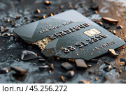 Credit card breaking apart showing financial hardship. Стоковое AI-изображение, AI-художник Иван Рябоконь / Фотобанк Лори