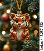 Striped tiger cub on a Christmas tree, colorful Christmas tree toy. New Year's decor. Festive New Year's atmosphere. Стоковое AI-изображение, AI-художник Сергей Елизарьев / Фотобанк Лори