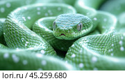 Green snake close-up. Its scales are bright green with white spots, creating a unique and attractive pattern. The snake's gaze is focused on the viewer, conveying a sense of mystery and power. This photo is symbolically suitable for the year of the Snake in 2025 according to the eastern calendar, emphasizing the natural beauty and symbolism of the animal world. Стоковое AI-изображение, AI-художник Анна Кривицкая / Фотобанк Лори