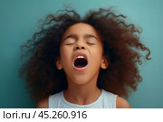 extremely whim Upset black curly haired young girl screaming and crying or or very emotional expression sings songs with opened mouth and closed eyes against color wall. Стоковое AI-изображение, AI-художник Sergey Grishin / Фотобанк Лори