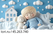 Sleeping child with plush toy in dreamy cloud setting, AI. Стоковое AI-изображение, AI-художник Сергей Старуш / Фотобанк Лори