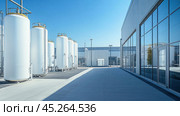 White industrial tanks standing in modern factory area. Стоковое AI-изображение, AI-художник Юрий Поздников / Фотобанк Лори