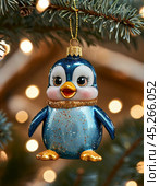 Funny penguin on the tree, bright Christmas tree toy. New Year's decor. Festive New Year's atmosphere. Стоковое AI-изображение, AI-художник Сергей Елизарьев / Фотобанк Лори