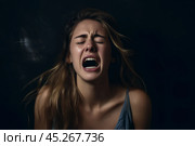 Beautiful face of sad woman screaming crying desperate and depressed with tears on her eyes suffering pain and depression isolated on black background in sadness facial expression and emotion concept. Стоковое AI-изображение, AI-художник Sergey Grishin / Фотобанк Лори