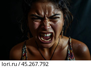Beautiful face of sad woman screaming crying desperate and depressed with tears on her eyes suffering pain and depression isolated on black background in sadness facial expression and emotion concept. Стоковое AI-изображение, AI-художник Sergey Grishin / Фотобанк Лори