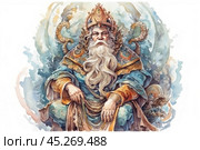 A mythical sea king reminiscent of Poseidon or Neptune, with a majestic white beard, seated on a throne. He is dressed in luxurious clothes with detailed ornamentation and is crowned with a crown with marine motifs. Around the king are visible octopus tentacles and marine symbols, which emphasize his connection with the ocean and the underwater world. The illustration is done in soft watercolor shades, giving the scene a fairytale and mystical character, as if referring to ancient myths and legends. Стоковое AI-изображение, AI-художник Анна Кривицкая / Фотобанк Лори