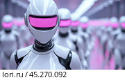 Futuristic robots with pink visors stand in a symmetrical formation, AI. Стоковое AI-изображение, AI-художник Сергей Старуш / Фотобанк Лори