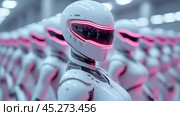 Futuristic robots with glowing visors stand in formation, showcasing advanced technology, AI. Стоковое AI-изображение, AI-художник Сергей Старуш / Фотобанк Лори