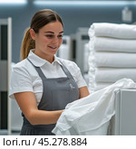 Woman in uniform with grey apron folding clean white linen. She is smiling, focused on her work and looks happy. Stacks of neatly folded linen are visible in the background. The photo is suitable for use in the context of professional cleaning services, laundries, hotel service and textile hygiene. Стоковое AI-изображение, AI-художник Анна Кривицкая / Фотобанк Лори
