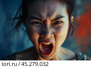Screaming, hate, rage. Crying emotional angry asian woman screaming and yelling on gray studio background. Emotional, young face. Female close up portrait. Human emotions, facial expression concept. Стоковое AI-изображение, AI-художник Sergey Grishin / Фотобанк Лори