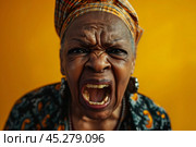 Closeup portrait, mad, angry, upset, hostile, senior african american mature woman, worker, furious employee, yelling, open mouth, yellow background. Negative human emotions, facial expression. Стоковое AI-изображение, AI-художник Sergey Grishin / Фотобанк Лори