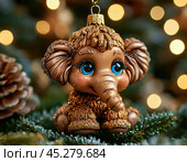 Cute baby mammoth on a Christmas tree, bright Christmas tree toy. New Year's decor. Festive New Year's atmosphere. Стоковое AI-изображение, AI-художник Сергей Елизарьев / Фотобанк Лори