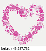 Vector decorative spring monochrome frame with floral heart. Стоковая иллюстрация, иллюстратор Ольга Дроздова / Фотобанк Лори