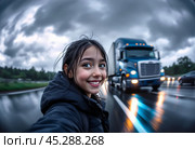 Teenage girl takes selfie while crossing road in front of an oncoming truck. Стоковое AI-изображение, AI-художник Владимир Григорьев / Фотобанк Лори