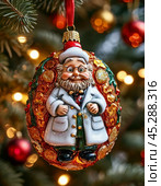 Good Doctor Aibolit, bright Christmas tree toy. New Year's decor. Festive New Year's atmosphere. Стоковое AI-изображение, AI-художник Сергей Елизарьев / Фотобанк Лори