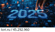 Against the background of a dark techno landscape with flashing lights and wires, a human brush presses a holographic image of the numbers 2025. Their radiance is like a portal to another dimension, to a digital world where everything is possible. Стоковое AI-изображение, AI-художник Ярославский Максим / Фотобанк Лори