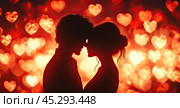 A couple in love, a girl and a guy, in the dark, hugging, looking at each other. Against the background of a dark sky covered with twinkling hearts in the form of lights, their silhouettes look even more delicate and mysterious. Стоковое AI-изображение, AI-художник Ярославский Максим / Фотобанк Лори