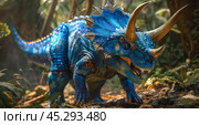 Blue Triceratops Dinosaur in Lush Forest. Стоковое AI-изображение, AI-художник Юлия Гапеенко / Фотобанк Лори