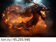 Ferocious fire-breathing dragon with big claws and fangs, a scary mystical creature. Стоковое AI-изображение, AI-художник Станислав Тарко / Фотобанк Лори