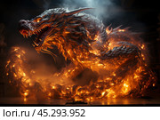 Ferocious fire-breathing dragon with big claws and fangs, a scary mystical creature. Стоковое AI-изображение, AI-художник Станислав Тарко / Фотобанк Лори