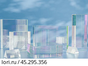Product placement podium. transparent display stands of varying heights on blue backdrop, clarity perfect for any product, from perfumes to tech gadgets, under soft, ambient lighting. Стоковое фото, фотограф Павел Муравьев / Фотобанк Лори