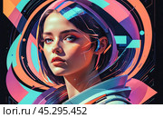 Young woman surrounded by swirling colors and geometric shapes. Face obscured for privacy, adding mystery to this modern artwork. Стоковое AI-изображение, AI-художник Павел Муравьев / Фотобанк Лори