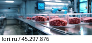 Inside a futuristic lab with trays of packaged synthetic meat neatly arranged on a conveyor, with a robotic arm in the background. Стоковое AI-изображение, AI-художник Igor Tichonow / Фотобанк Лори