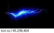 Lightning bolt. Lightning flash bolt or thunderbolt. Blue lightning or magic power blast storm. Thunder and lightning isolated on black background. Стоковое фото, фотограф Павел Муравьев / Фотобанк Лори