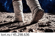 Cosmonaut walking on lunar ground under starry sky. Space mission, celestial body exploration, footprint in moon dust. Стоковое AI-изображение, AI-художник Павел Муравьев / Фотобанк Лори