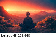 Woman meditating in serene mountain landscape, vibrant sunset, peaceful solitude, mental wellness, mindfulness practice, nature connection. Стоковое AI-изображение, AI-художник Павел Муравьев / Фотобанк Лори