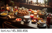 A sumptuous breakfast or brunch set on a rustic wooden table. The variety of dishes includes fresh fruits, baked rolls, pastries, porridge with berries, fresh bread, fruit and berry platters, creamy soups and hot drinks. There are also lit candles on the table, creating a cozy atmosphere. The light coming through the window adds warmth and natural light to the scene. Perfect for illustrating a home party or a country style breakfast. Стоковое AI-изображение, AI-художник Анна Кривицкая / Фотобанк Лори