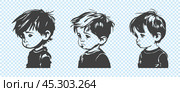 Vector monochrome set. Graphic sad half-turn portraits of little boys with tousled hair. Crying kids. Stickers or icons on isolated background. Стоковая иллюстрация, иллюстратор GAlexS / Фотобанк Лори